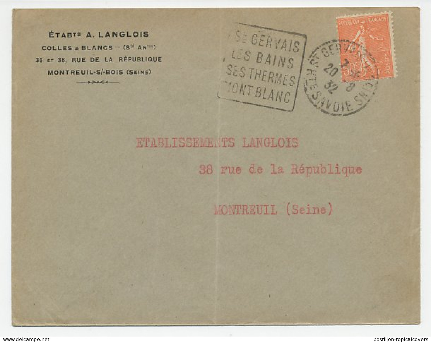 Cover / Postmark France 1932 Thermal Baths - Mont Blanc - Andere & Zonder Classificatie