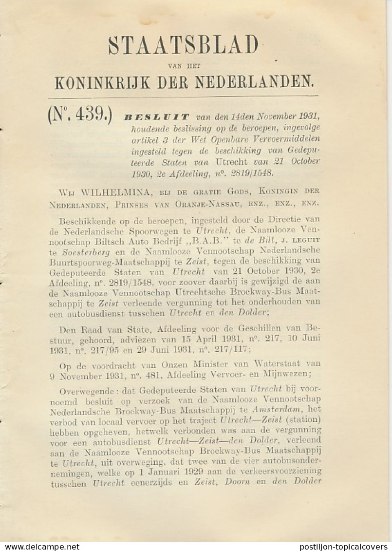 Staatsblad 1931 : Autobusdienst Utrecht - Den Dolder - Historical Documents