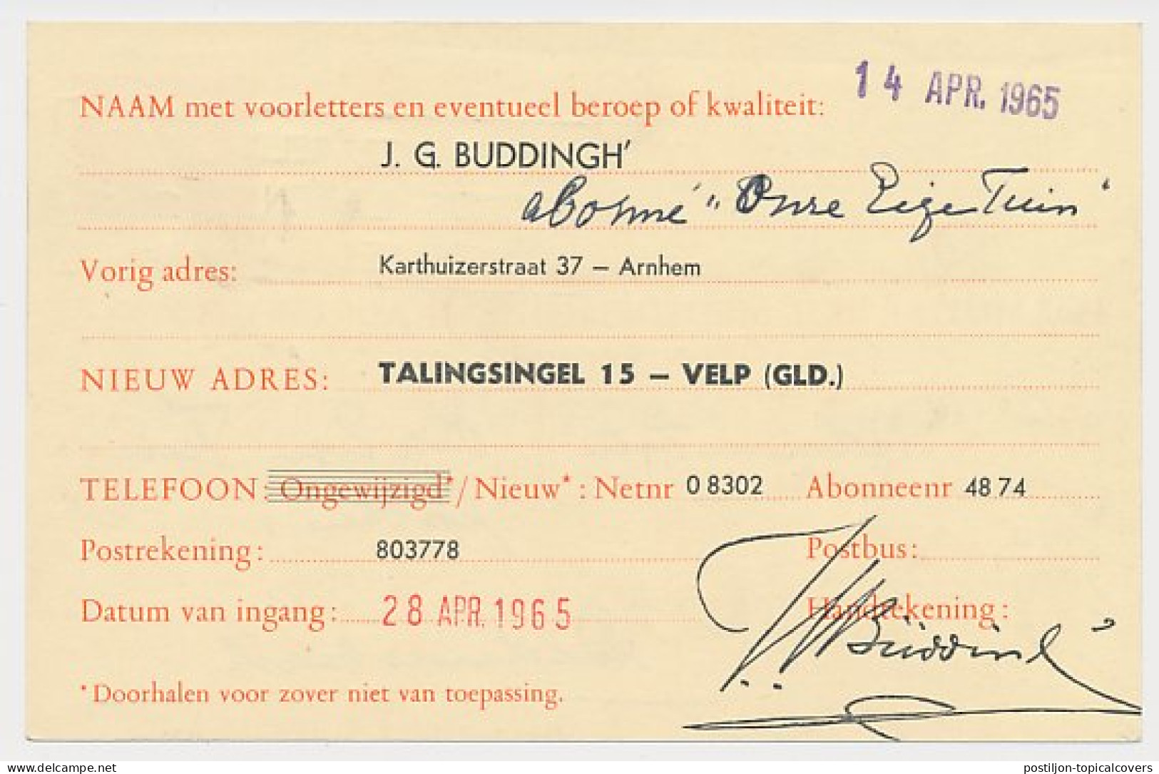 Verhuiskaart G. 30 Particulier Bedrukt Arnhem 1965 - Material Postal