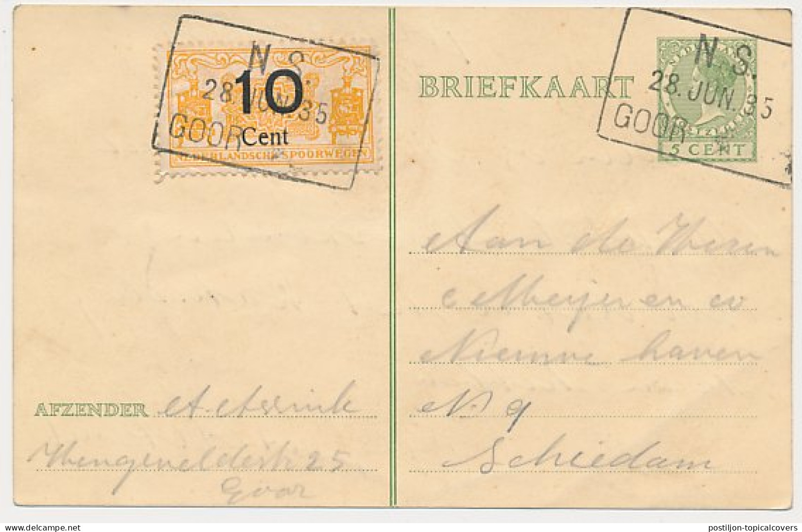 Spoorweg Poststuk Goor - Schiedam 1935 - Non Classés