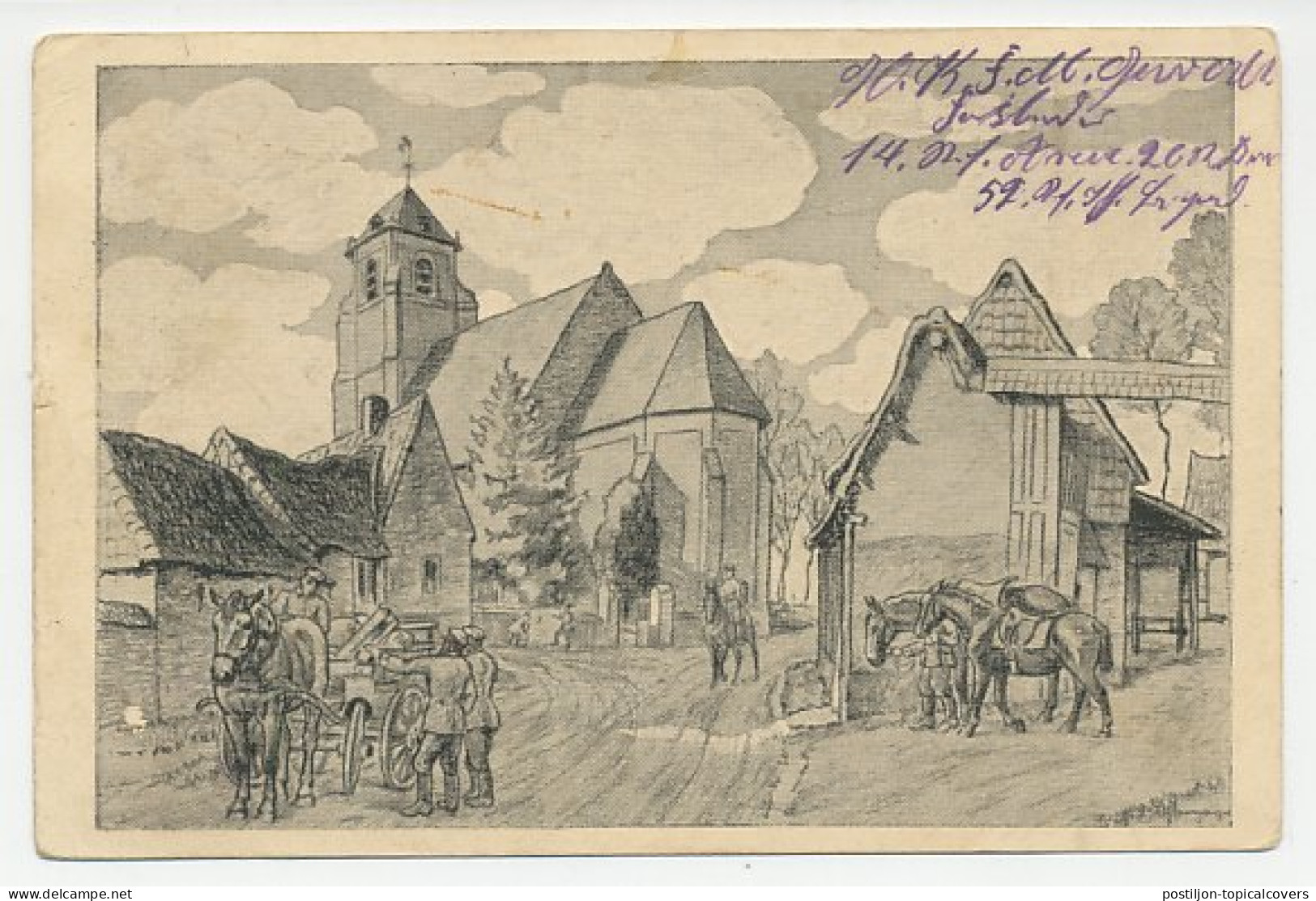 Fieldpost Postcard Germany 1916 Church - Horse - WWI - Kirchen U. Kathedralen