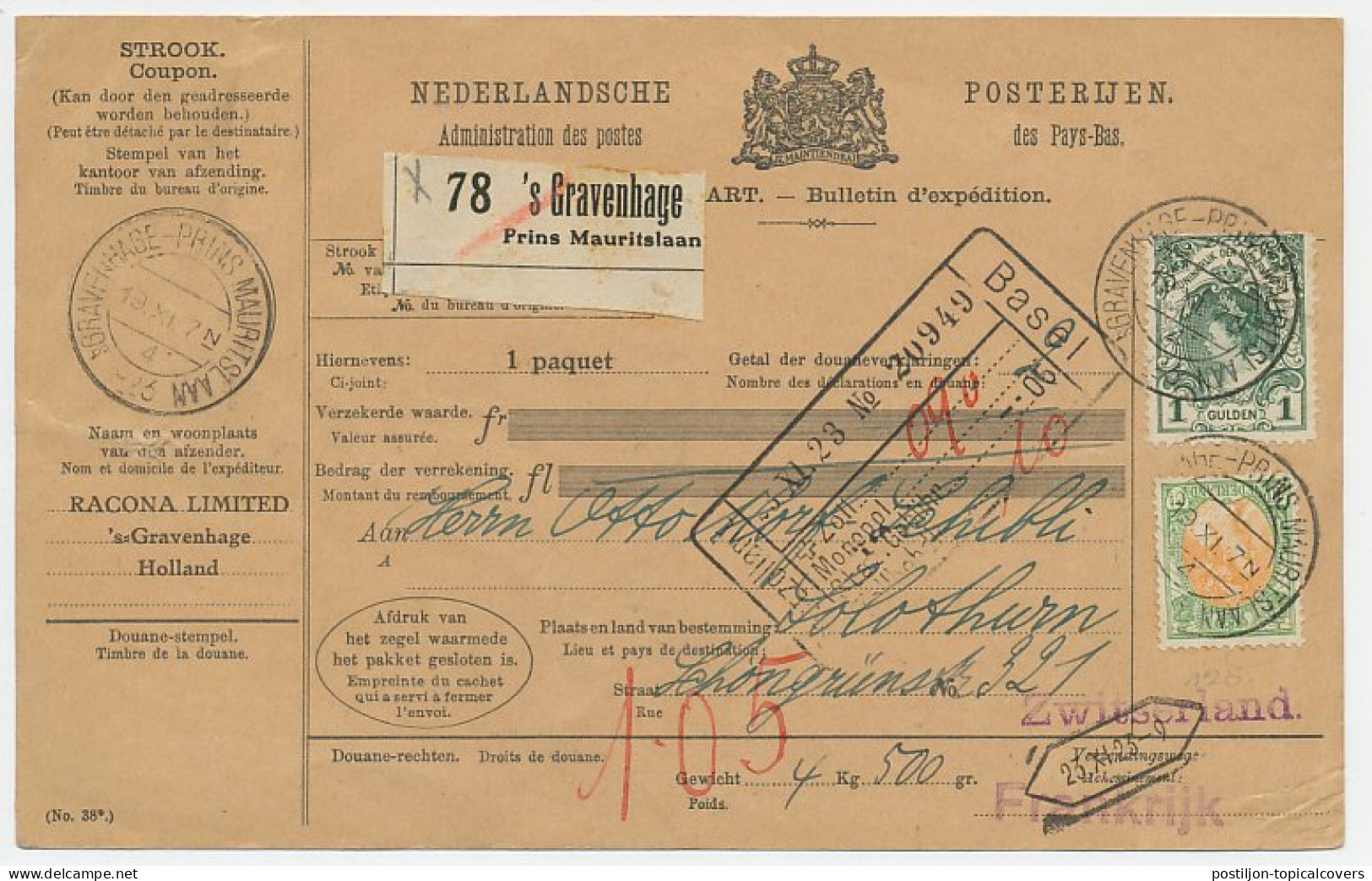 Em. Bontkraag Pakketkaart Den Haag - Zwitserland 1923 - Non Classés