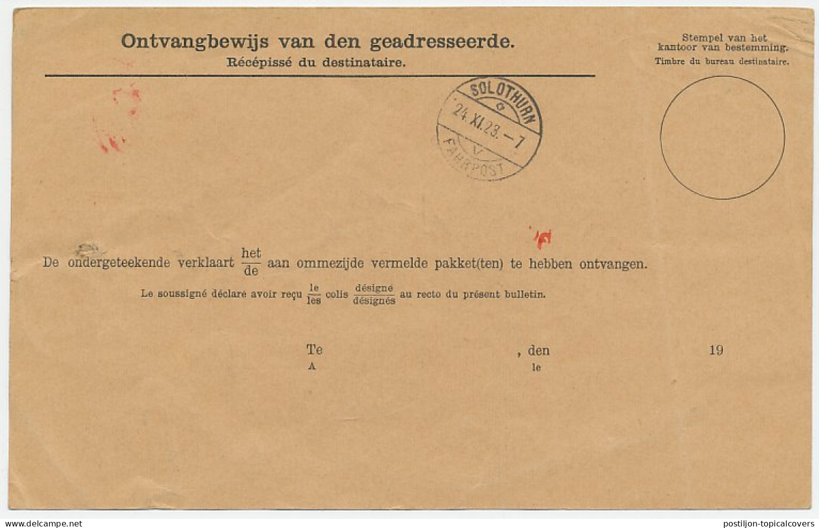 Em. Bontkraag Pakketkaart Den Haag - Zwitserland 1923 - Non Classés
