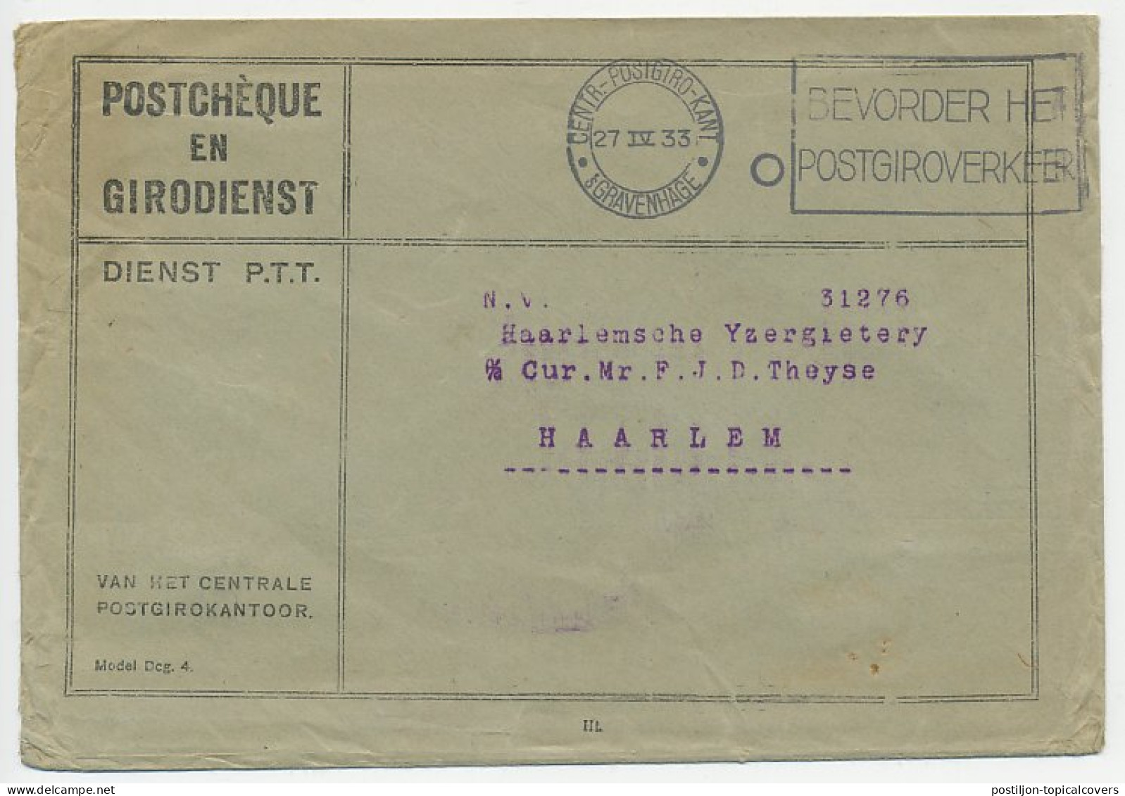 Machinestempel Postgiro Kantoor Den Haag 1933 - Non Classés