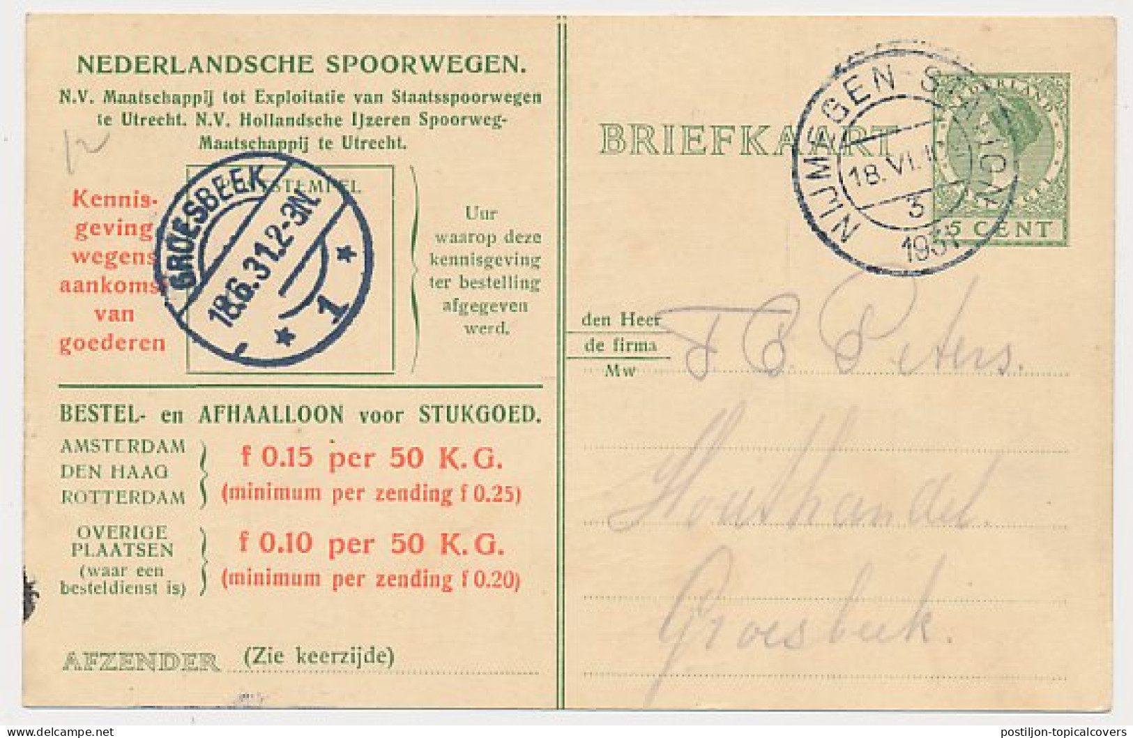 Spoorwegbriefkaart G. NS216 G - Nijmegen - Groesbeek 1931 - Material Postal