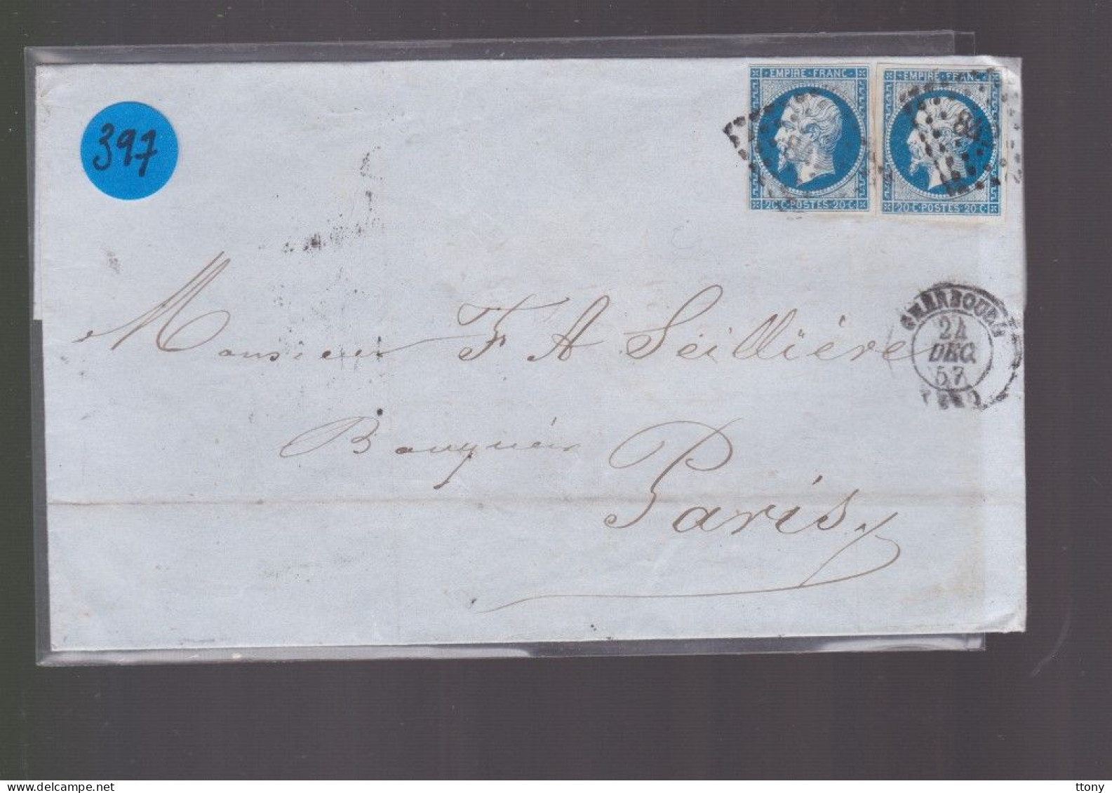 2  Timbres  Napoléon III   N° 14  20 C Bleu   Sur Lettre  Départ Cherbourg   Pc  842    Destination Paris  1857 - 1853-1860 Napoléon III