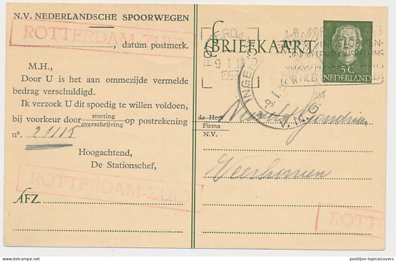 Spoorwegbriefkaart G. NS300 L - Locaal Te Rotterdam 1953 - Material Postal