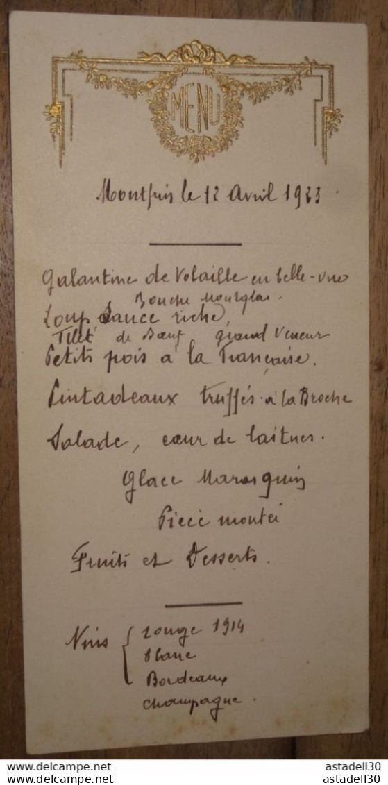 GARD, MONTFRIN Menu Du 12 Avril 1923 .... Caisse-23 - Menus