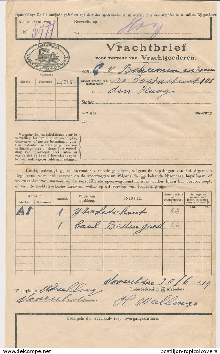 Vrachtbrief H.IJ.S.M. Voorschoten - Den Haag 1914 - Incl. Brief  - Non Classés