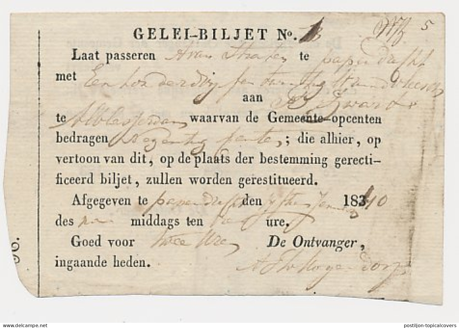 Gelei-Biljet Papendrecht 1840 - Fiscali