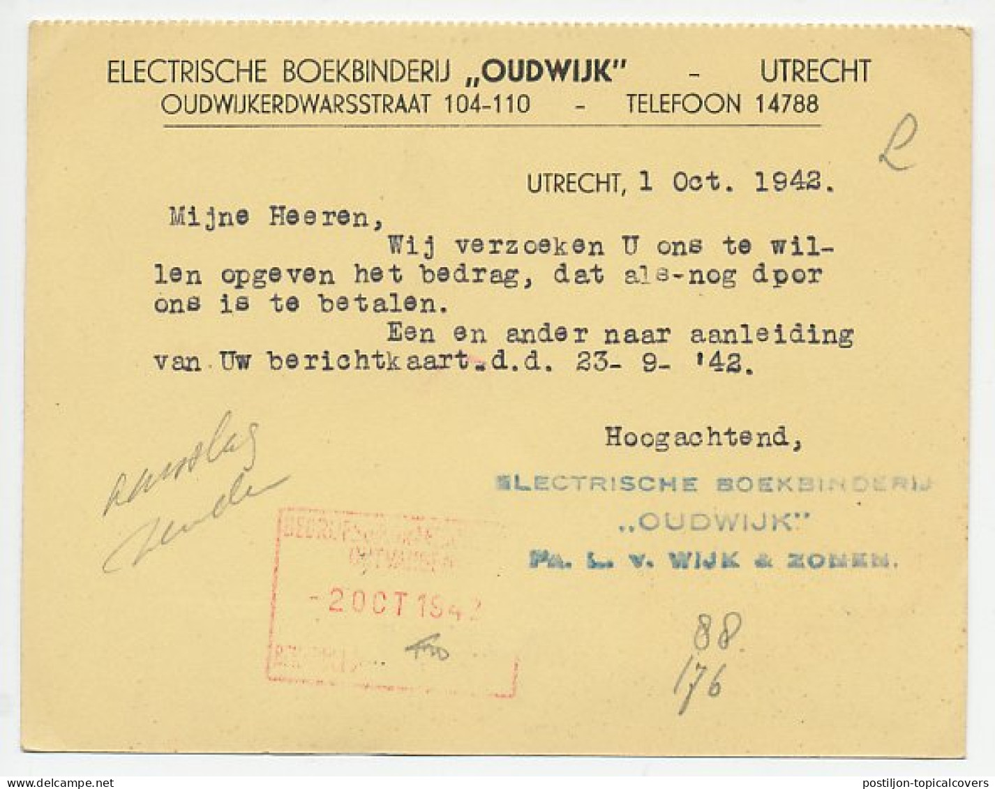 Firma Briefkaart Utrecht 1942 - Boekbinderij - Ohne Zuordnung