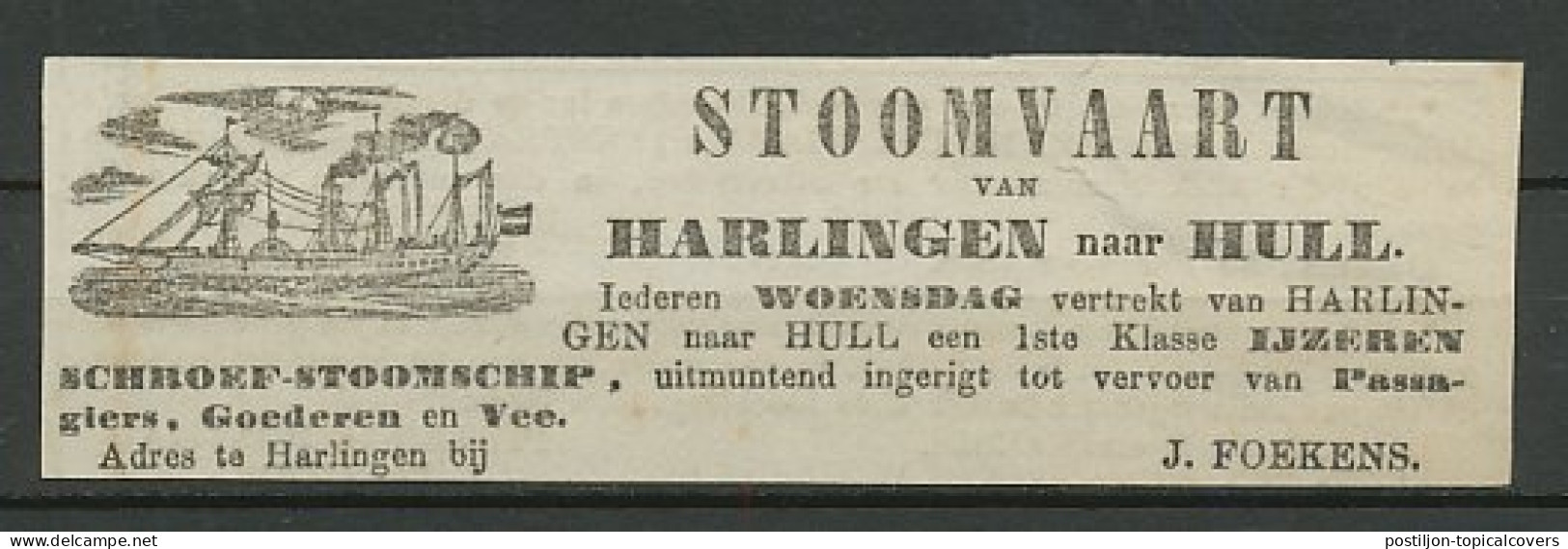 Advertentie 1858 Stoomvaart Harlingen - Engeland - Cartas & Documentos