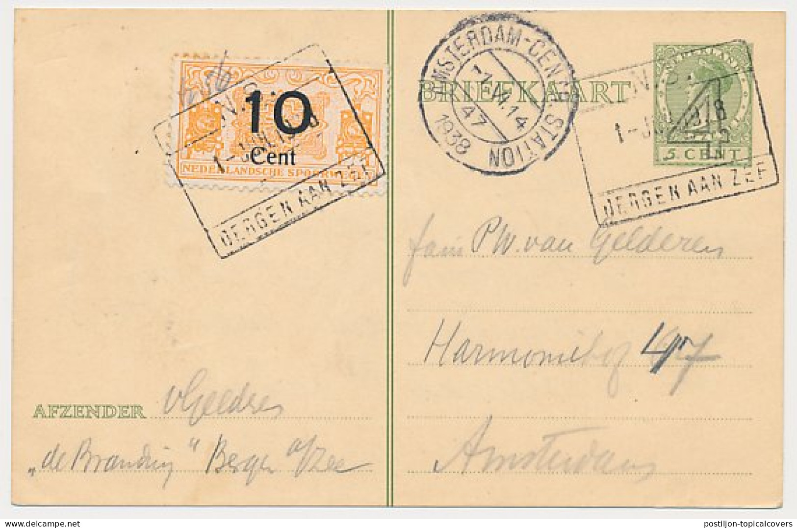 Spoorweg Poststuk Bergen Aan Zee - Amsterdam 1938 - Zonder Classificatie