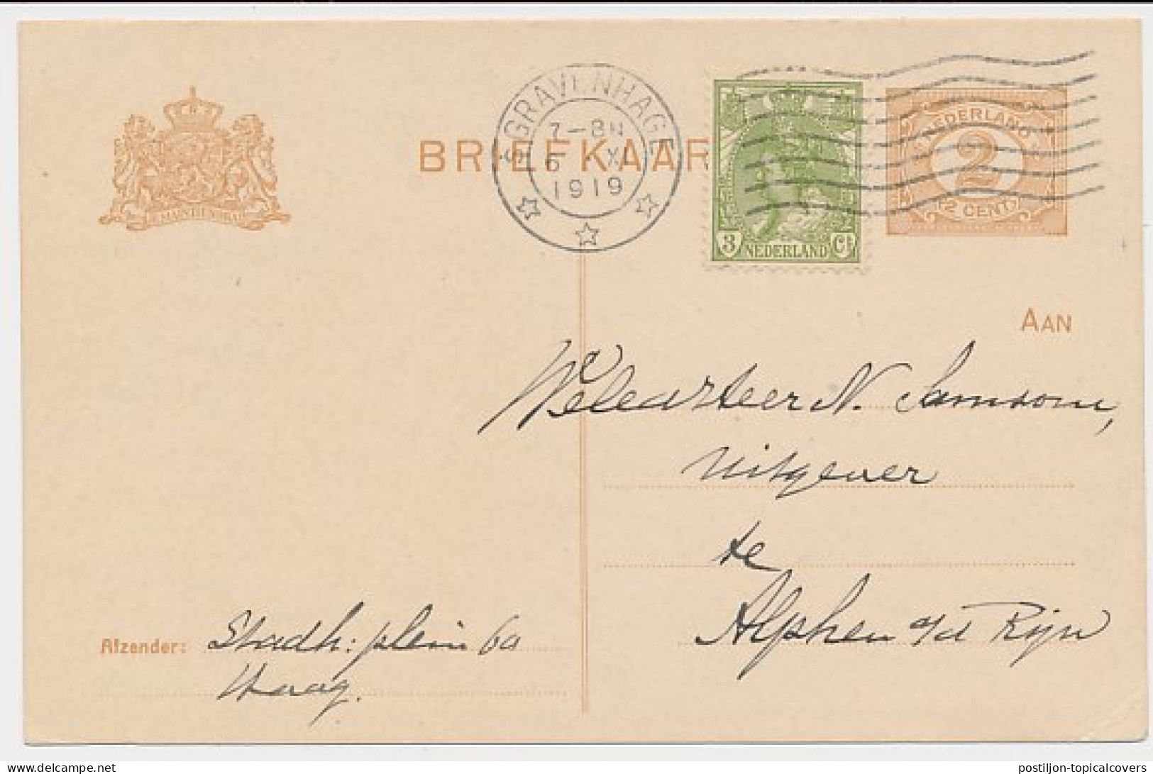 Briefkaart G. 88 A I / Bijfrankering Den Haag - Alphen 1919 - Material Postal
