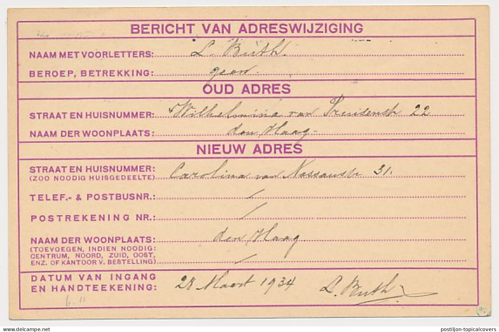 Verhuiskaart G. 11 Den Haag - Breda 1934 - Ganzsachen