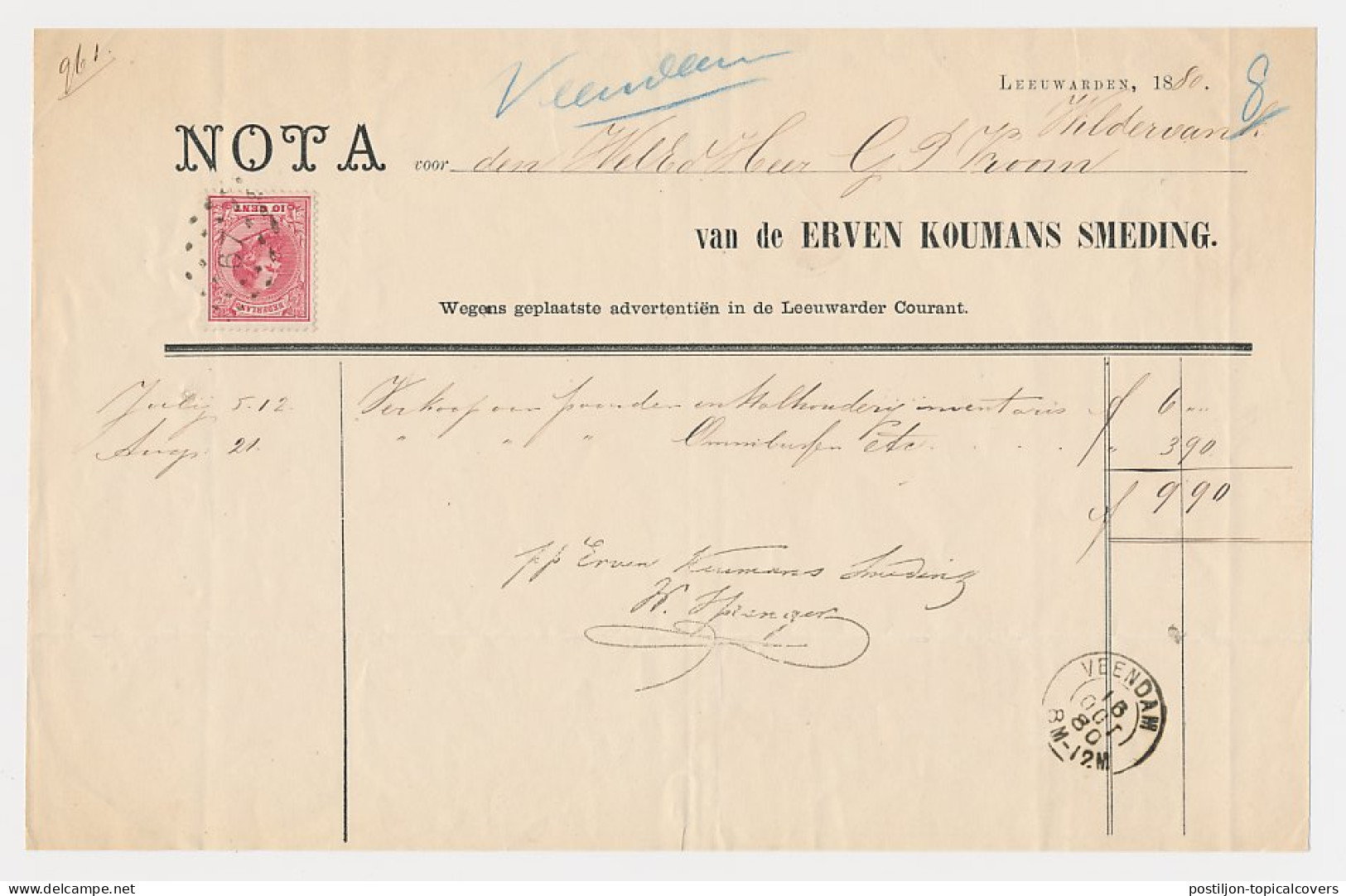 Em. 1872 Leeuwarden - Veendam - Wildervank - Debet Nota - Ohne Zuordnung