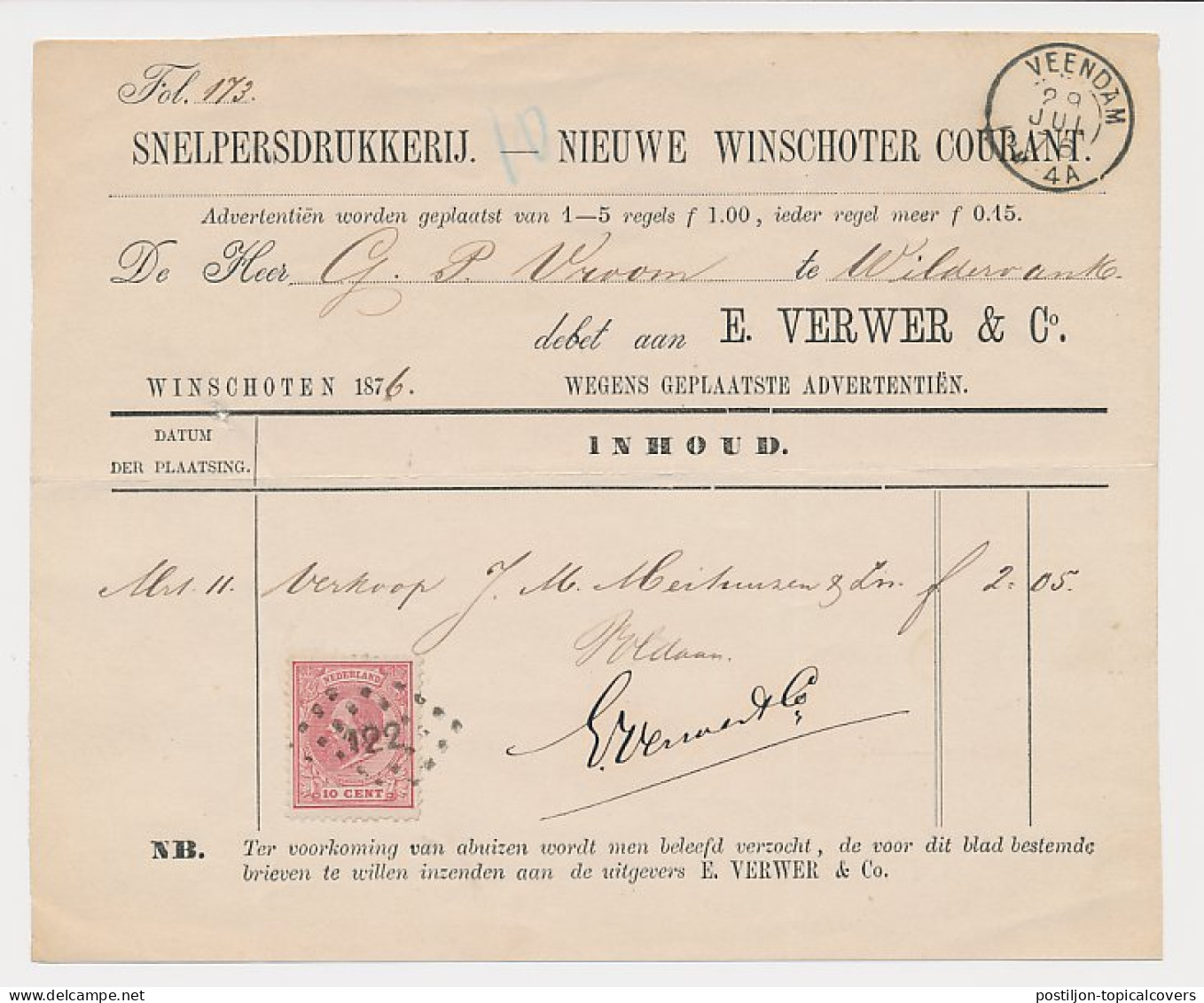 Em. 1872 Winschoten - Veendam - Wildervank - Debet Nota - Zonder Classificatie