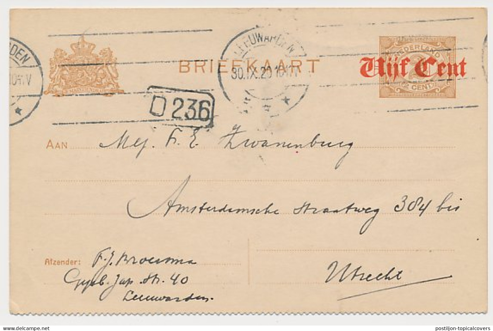 Briefkaart G. 107 B II Leeuwarden - Utrecht 1920 - Postal Stationery
