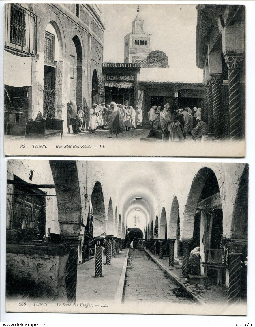 TUNISIE LOT 2 CPA * TUNIS  Rue Sidi Ben Ziad ( Animée Bazar Mosquée ) & Le Souk Des Etoffes * Editeur LL - Tunisie