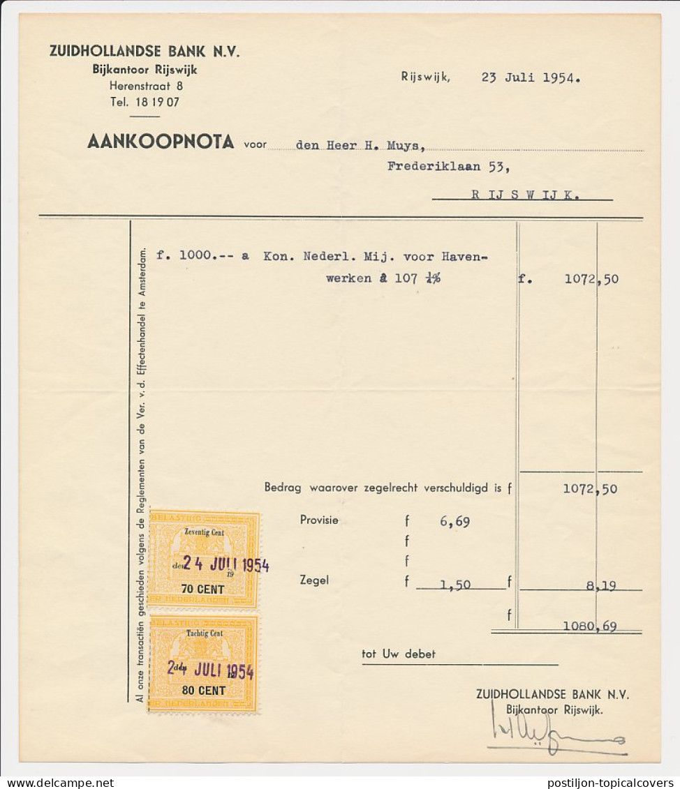 Beursbelasting 70 CENT / 80 CENT Den 19.. - Rijswijk 1954 - Fiscales