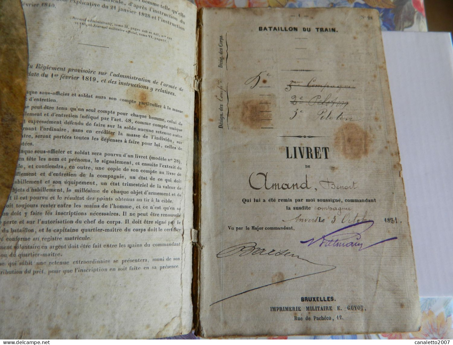 MILITARIA:LIVRET MILITAIRE DE 1881 DE AMAND BENOIT -BATAILLON DU TRAIN 3 EME PELOTON -PAS DE PHOTO DE DOUR-CHARBONNIER - Documents