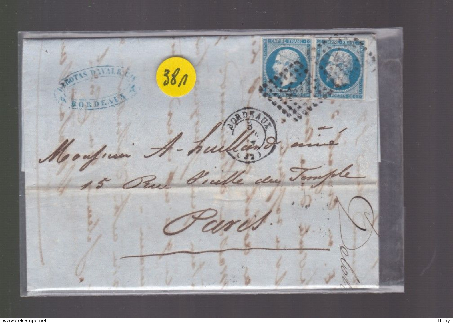 2  Timbres  Napoléon III   N° 14  20 C Bleu   Sur Lettre  Départ Bordeaux    Destination Paris  1857 - 1853-1860 Napoléon III