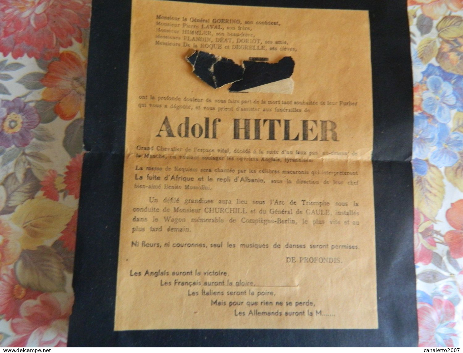 MILITARIA: TRES RARE ACTE DE DECE DE ADOLF HITLER HUMORISTIQUE-EDITE PAR LA RESISTANCE ????? POUR LA VICTOIRE - Documents