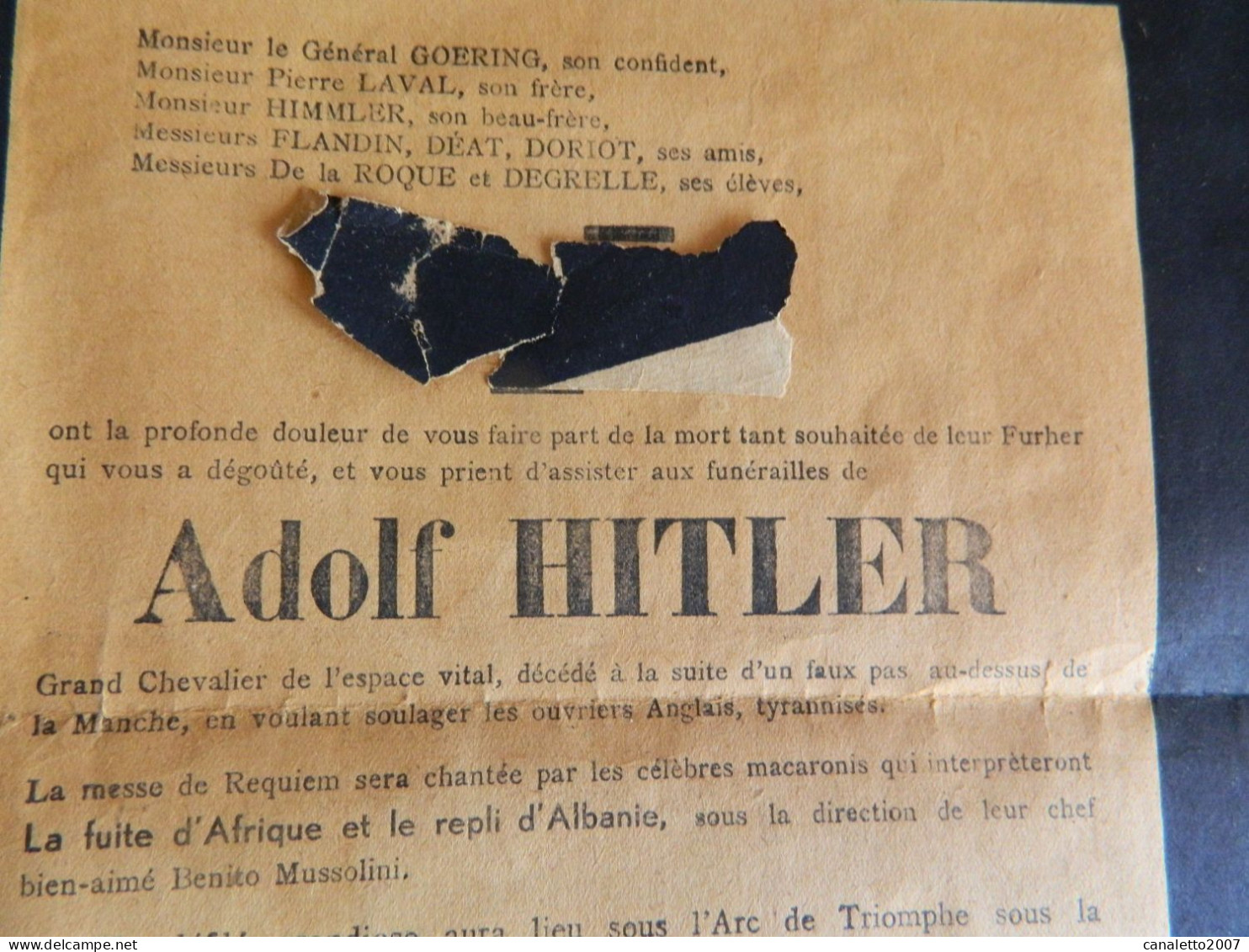 MILITARIA: TRES RARE ACTE DE DECE DE ADOLF HITLER HUMORISTIQUE-EDITE PAR LA RESISTANCE ????? POUR LA VICTOIRE - Documentos