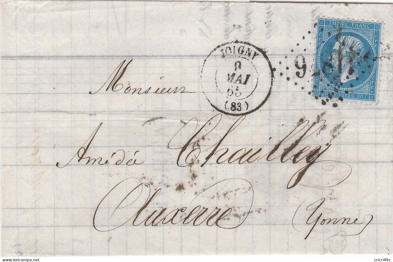 Lettre Du 8 Mai 1865 De Joigny à Auxerre N°Y&T 22 - 1862 Napoléon III.