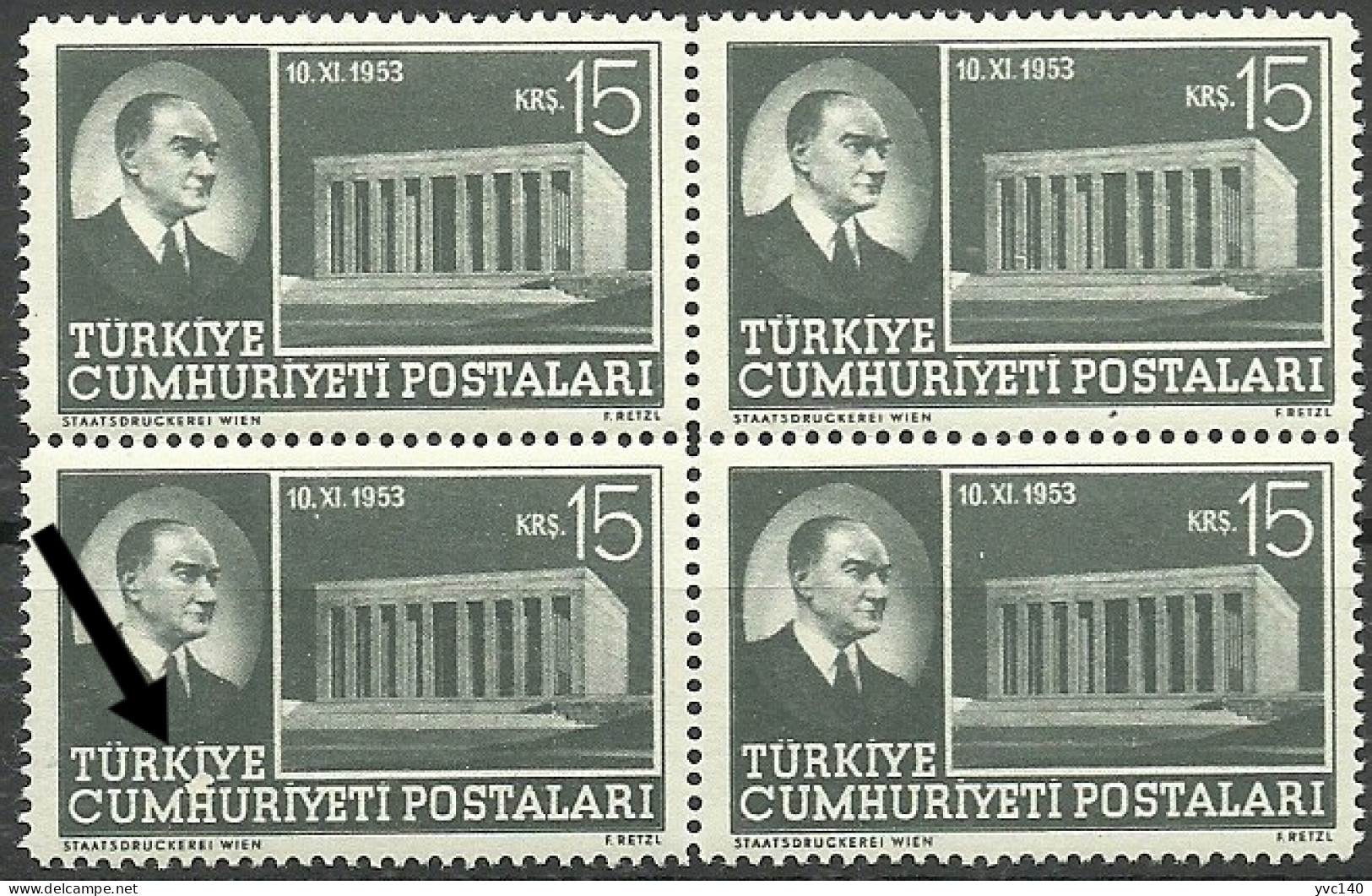 Turkey; 1953 Opening O The Mausoleum Of Ataturk 15 K. "Printing Stain" - Nuevos