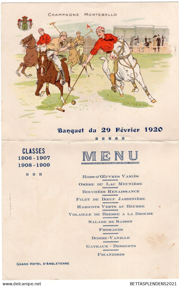 Menu 1920 - Illustration POLO - Classes 1900-1909 - Grand Hôtel D'Angleterre - Menus