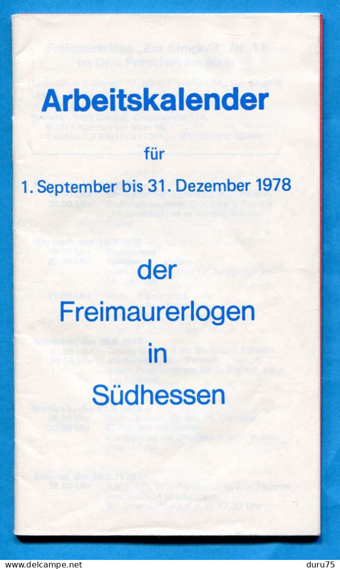 ALLEMAGNE Petit Livret (Loge Franc Maçon Allemand ) Arbeitskalender Septembre Décembre 1978 Freimaurerlogen In Südhessen - Religion & Esotérisme