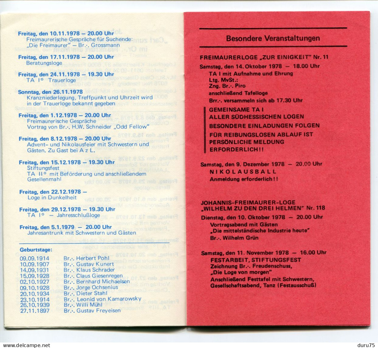 ALLEMAGNE Petit Livret (Loge Franc Maçon Allemand ) Arbeitskalender Septembre Décembre 1978 Freimaurerlogen In Südhessen - Religion & Esotérisme