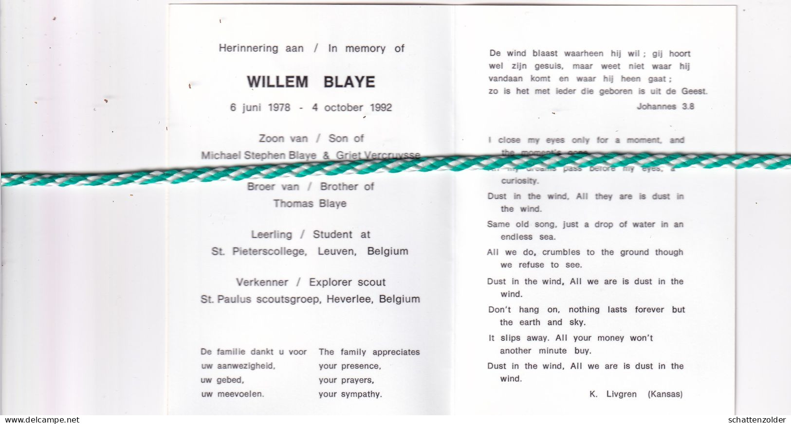 Willem Blaye-Vercruysse, 1978, 1992. Verkenner Sint Paulus Scouts. Foto - Avvisi Di Necrologio