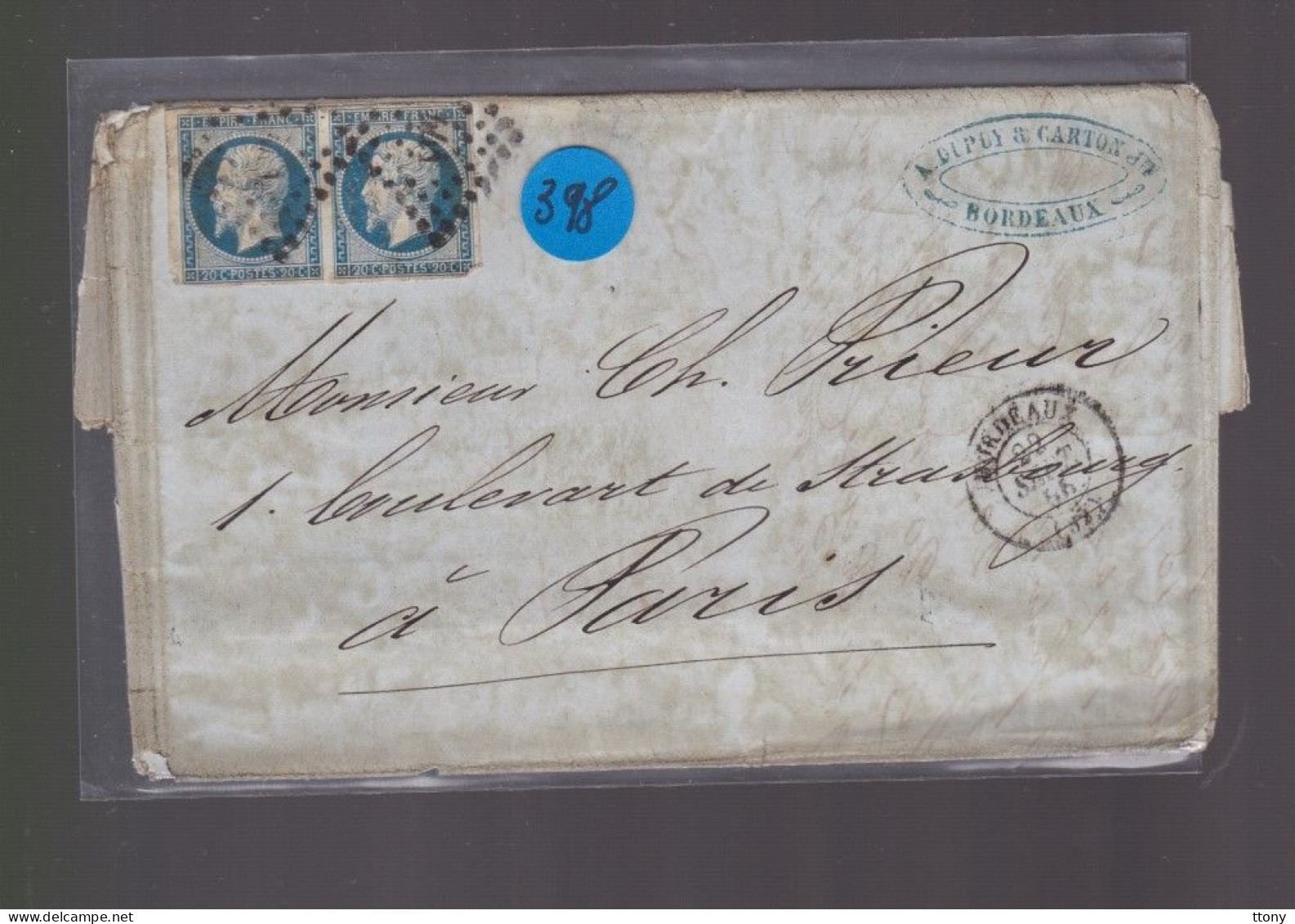 Une  Paire  Timbre   Napoléon III   N° 14  20 C Bleu   Sur Lettre    Destination Paris  1856 - 1853-1860 Napoleon III