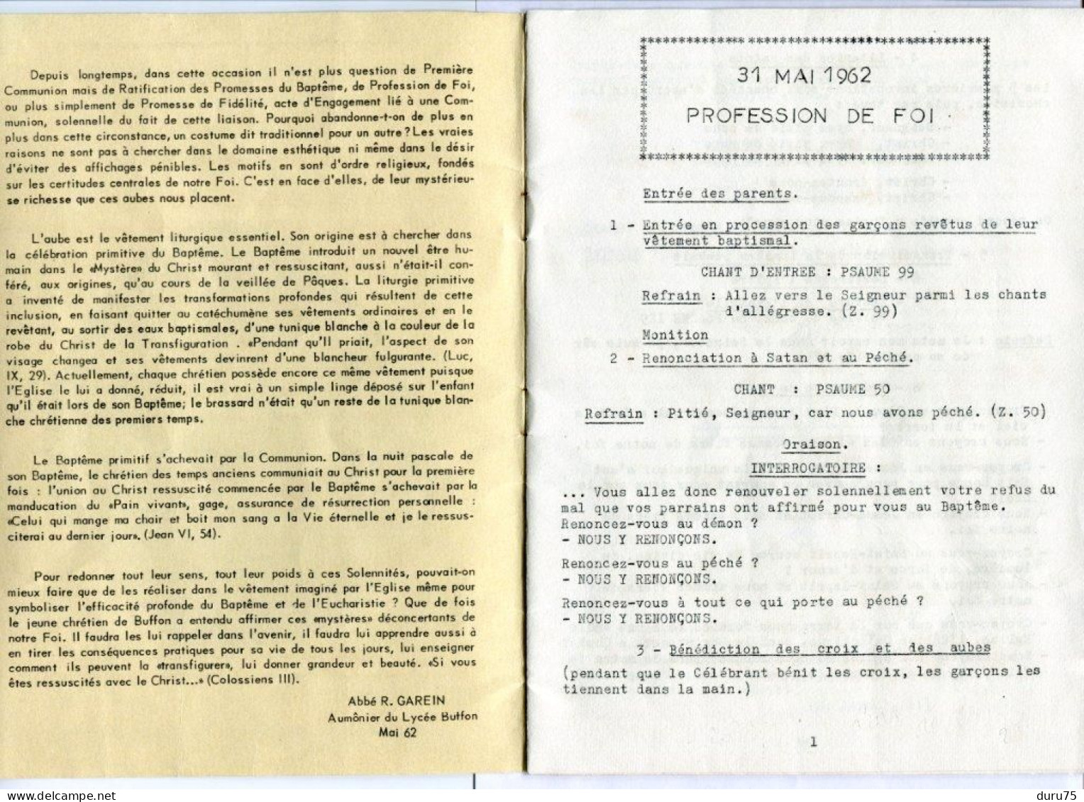 Profession De Foi - Fraternité Chrétienne Lycée Buffon - Communion Solennelle Mai 1962 - 12 Pages + Couverture - Religion & Esotérisme