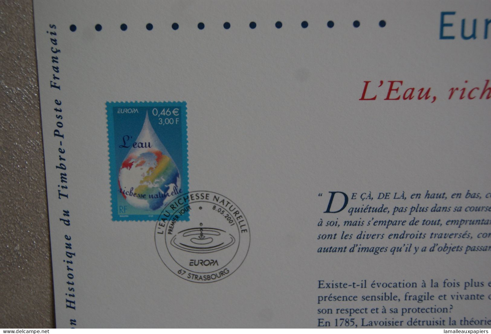 L'eau : Collection Historique Du Timbre Poste Français (2001) 1e JOUR - Protección Del Medio Ambiente Y Del Clima