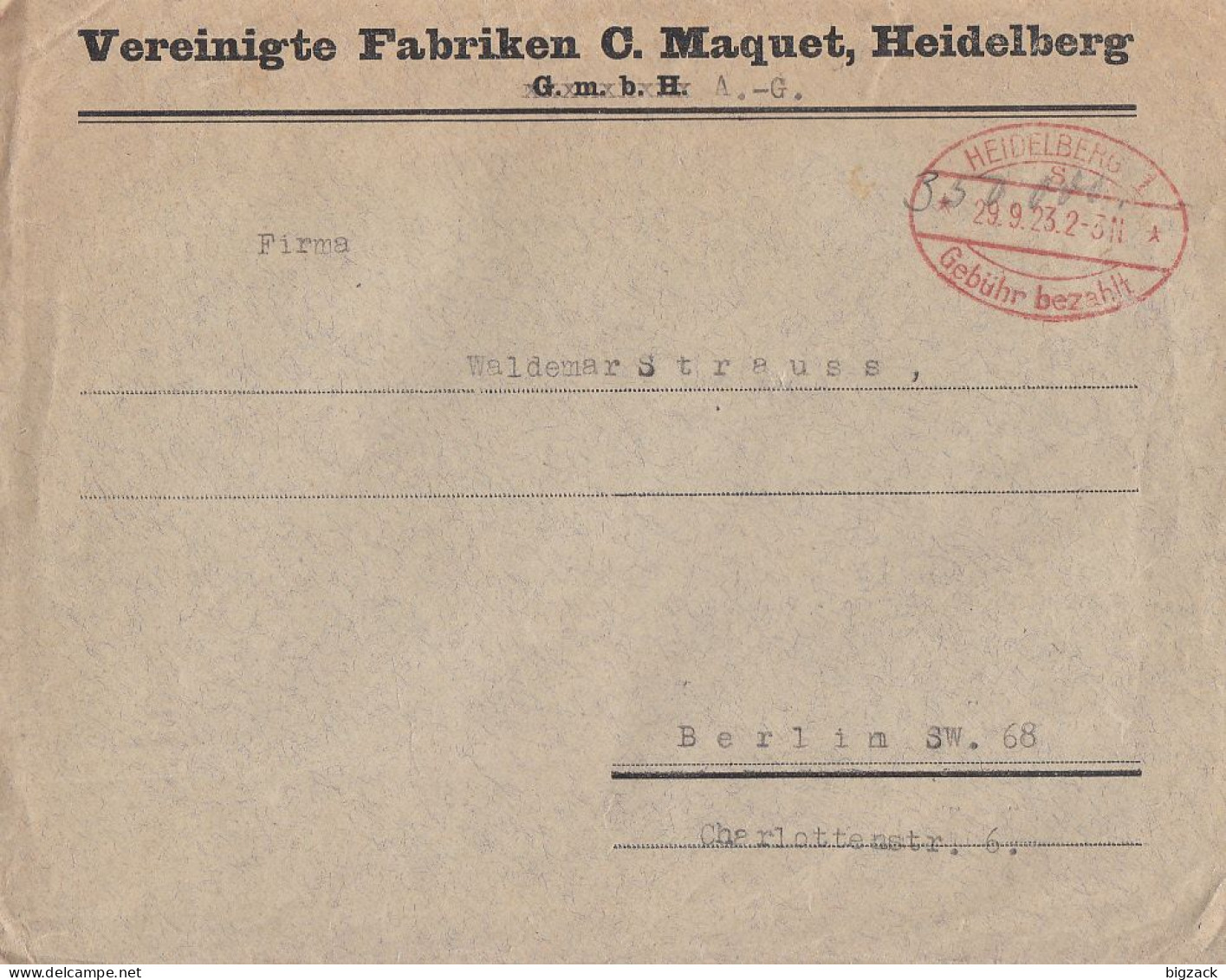DR Brief Gebühr Bezahlt Heidelberg 29.9.23 Gel. Nach Berlin - Covers & Documents