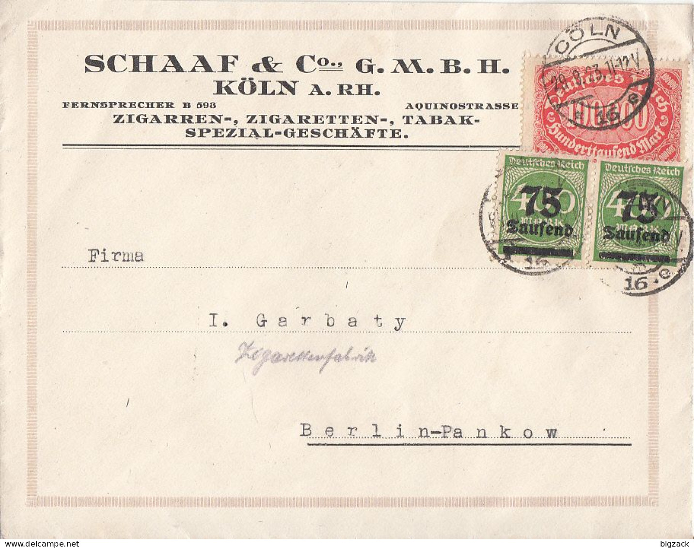 DR Werbebrief Schaaf & Co. Köln Mif Minr.257,2x 287 Köln 29.9.23 Gel. Nach Berlin - Storia Postale