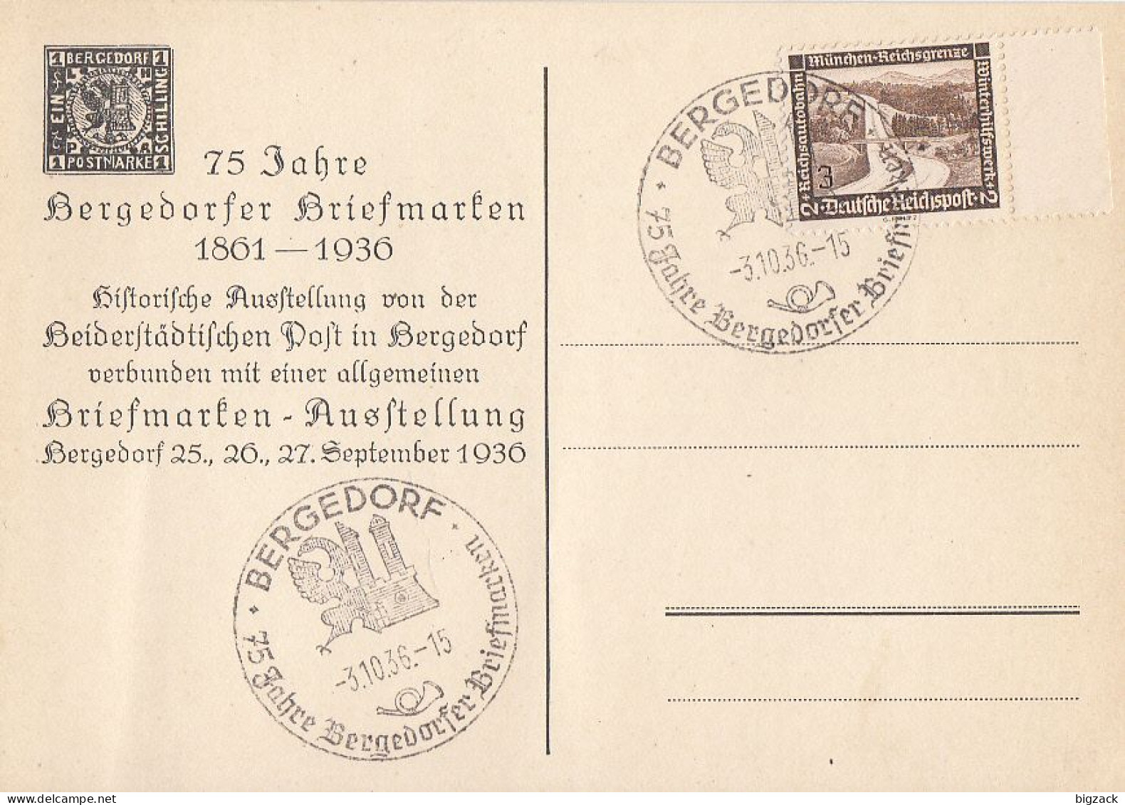 DR Anlaßkarte 75 Jahre Bergedorfer Briefmarken EF Minr.634 SST Bergedorf 3.10.36 - Covers & Documents
