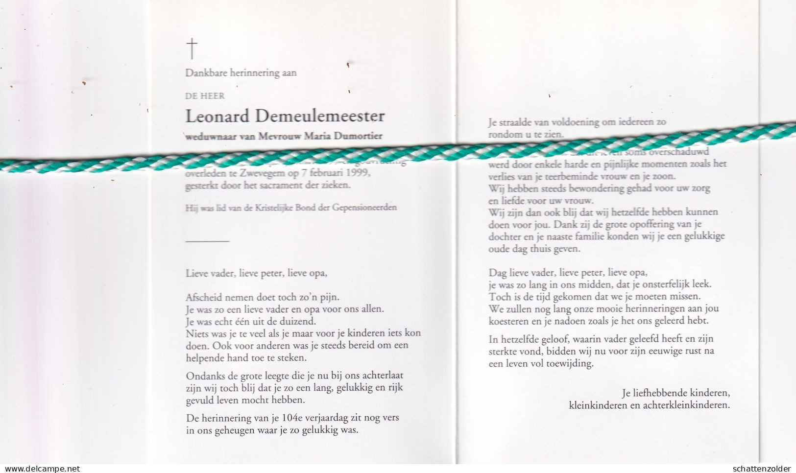 Leonard Demeulemeester-Dumortier, Vichte 1895, Zwevegem 1999. Honderdjarige. Foto - Obituary Notices