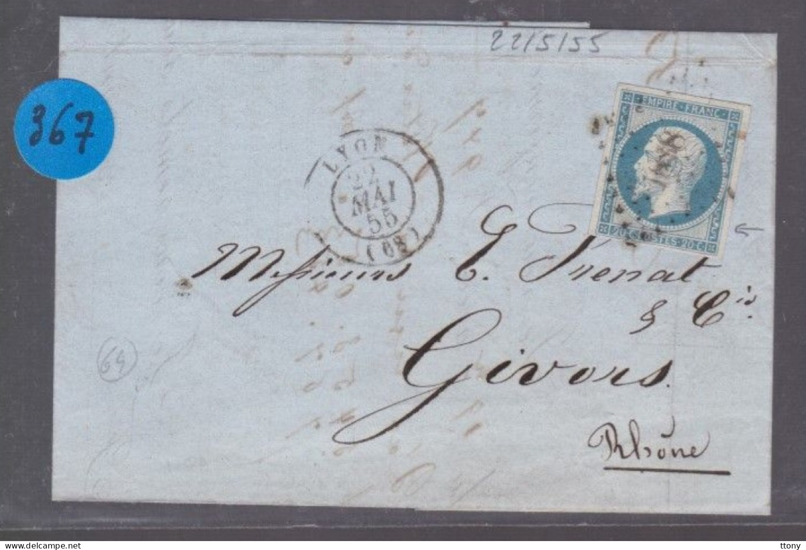 Un  Timbre     Napoléon III   N° 14  20 C Bleu   Sur Lettre Départ Lyon  1855    Destination  Givors ( Rhône ) - 1853-1860 Napoléon III.