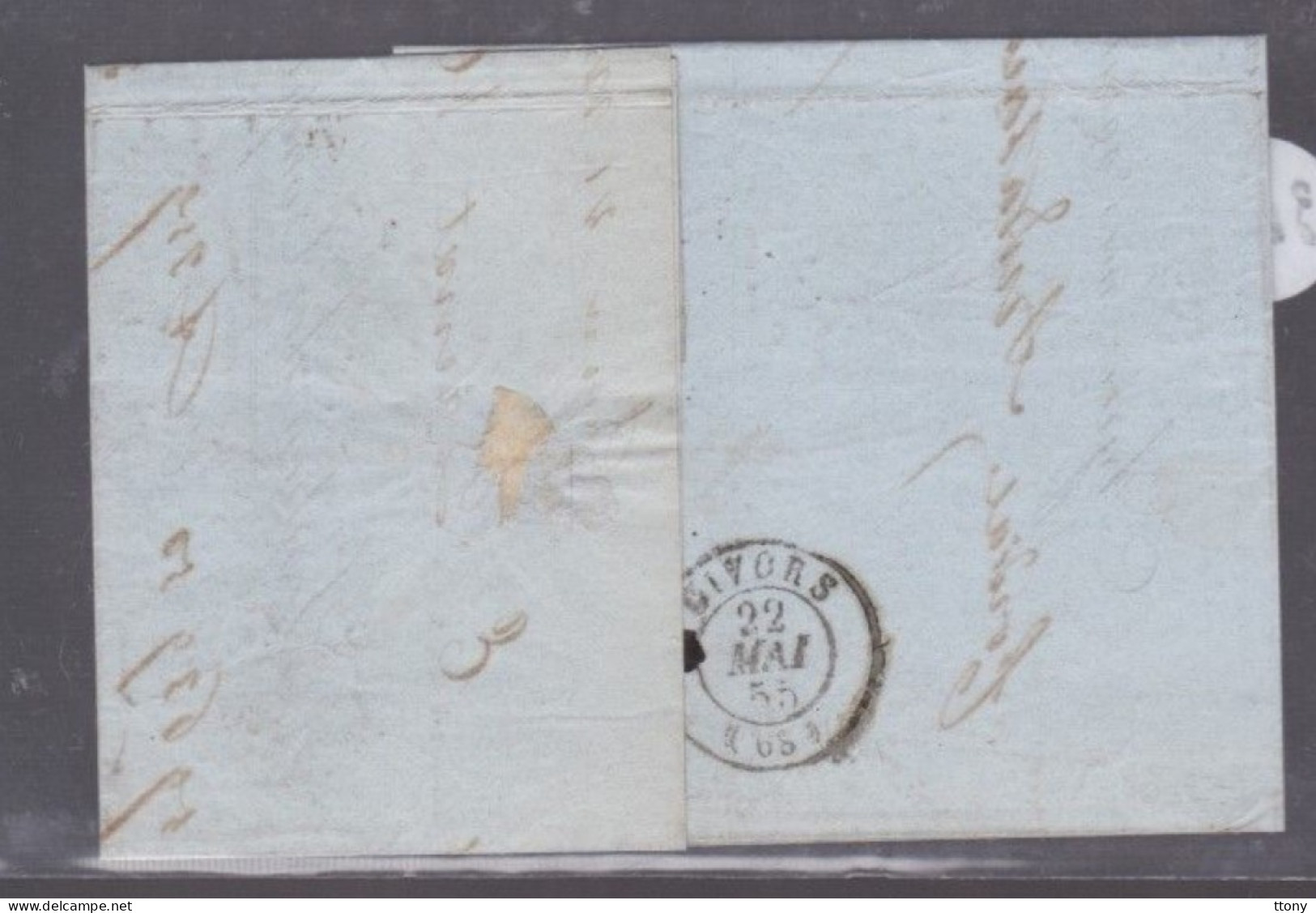 Un  Timbre     Napoléon III   N° 14  20 C Bleu   Sur Lettre Départ Lyon  1855    Destination  Givors ( Rhône ) - 1853-1860 Napoléon III.