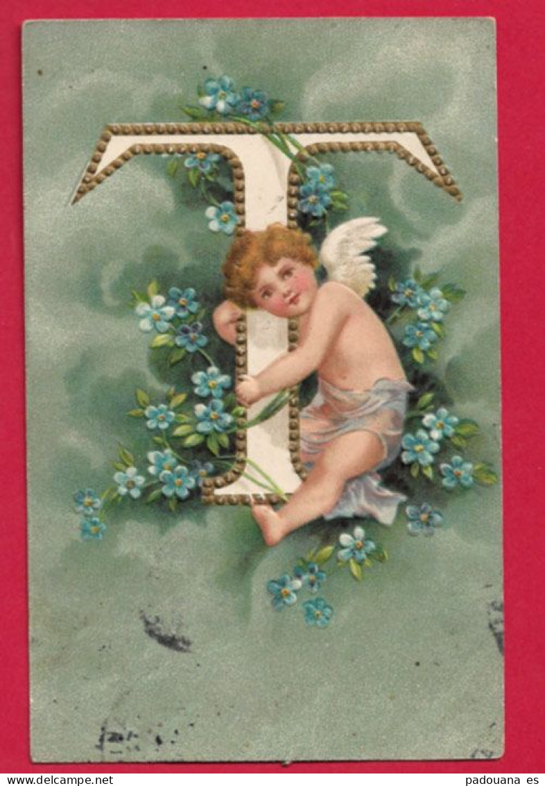 AE969 FANTAISIES ALPHABET ANGE ANGELOTS LETTRE TFLEURS MYOSOTIS CARTE GAUFREE - Angels