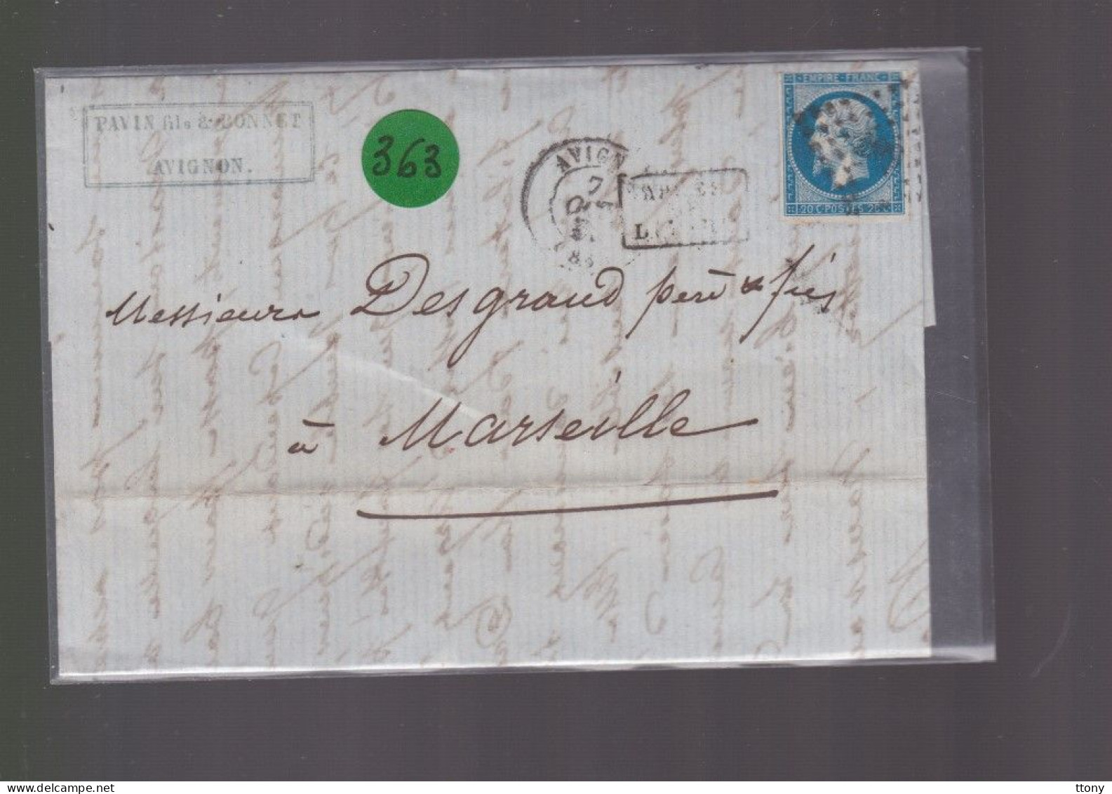 Un  Timbre     Napoléon III   N° 14  20 C Bleu   Sur Lettre Départ  Avignon  1857  Destination Marseille - 1853-1860 Napoléon III