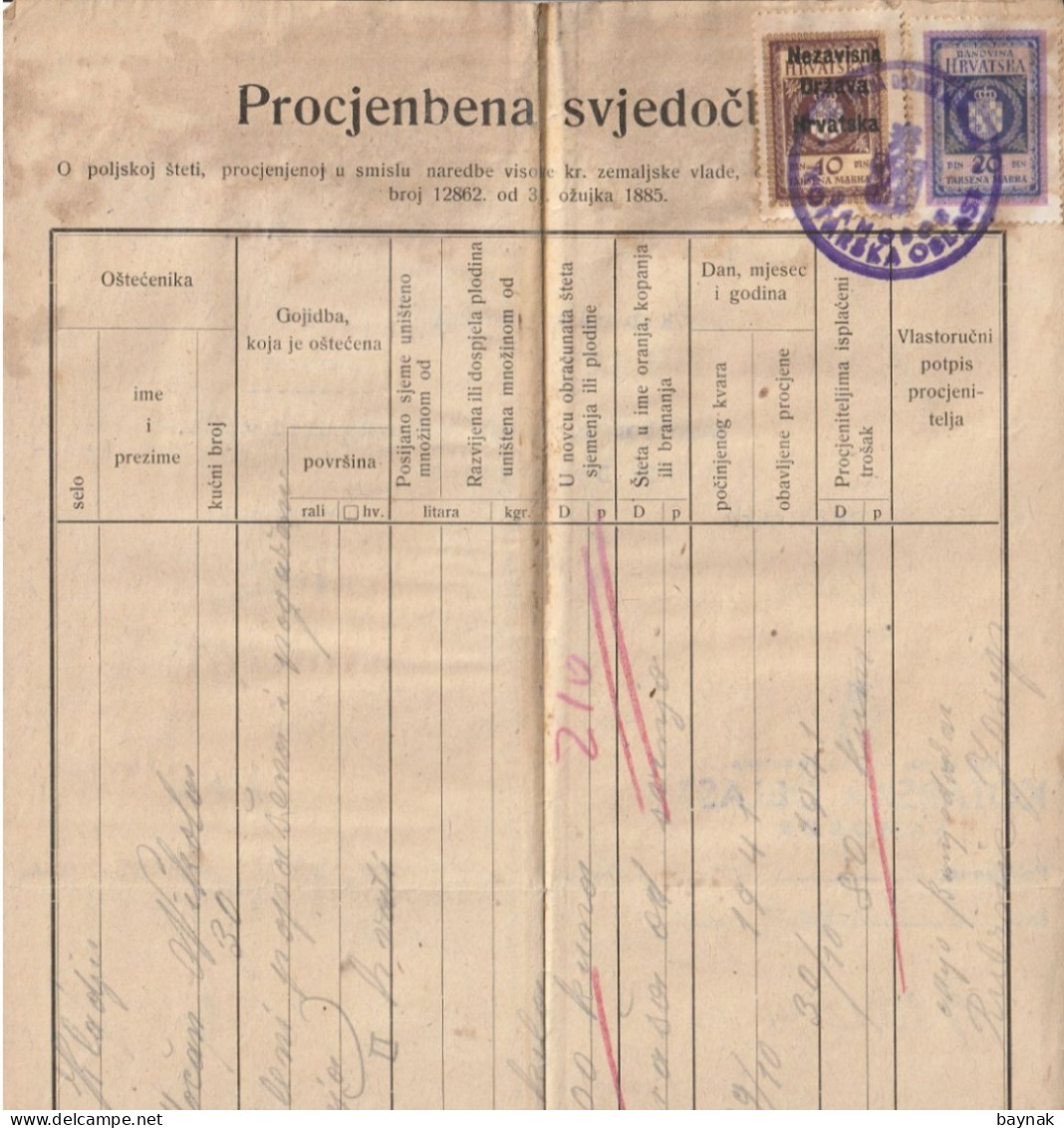 CROATIA  --  NDH  - NEZAVISNA DRZAVA HRVATSKA  -   SAMOBOR  -   TAX STAMP, BILJEG  -  PROCJENBENA SVJEDOCBA - Historical Documents