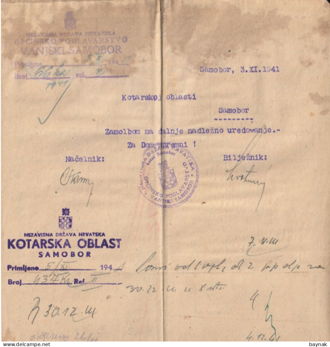 CROATIA  --  NDH  - NEZAVISNA DRZAVA HRVATSKA  -   SAMOBOR  -   TAX STAMP, BILJEG  -  PROCJENBENA SVJEDOCBA - Documents Historiques