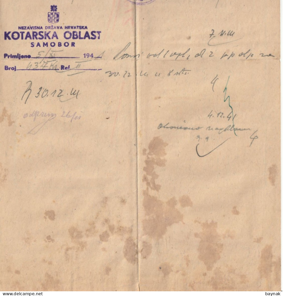 CROATIA  --  NDH  - NEZAVISNA DRZAVA HRVATSKA  -   SAMOBOR  -   TAX STAMP, BILJEG  -  PROCJENBENA SVJEDOCBA - Documents Historiques