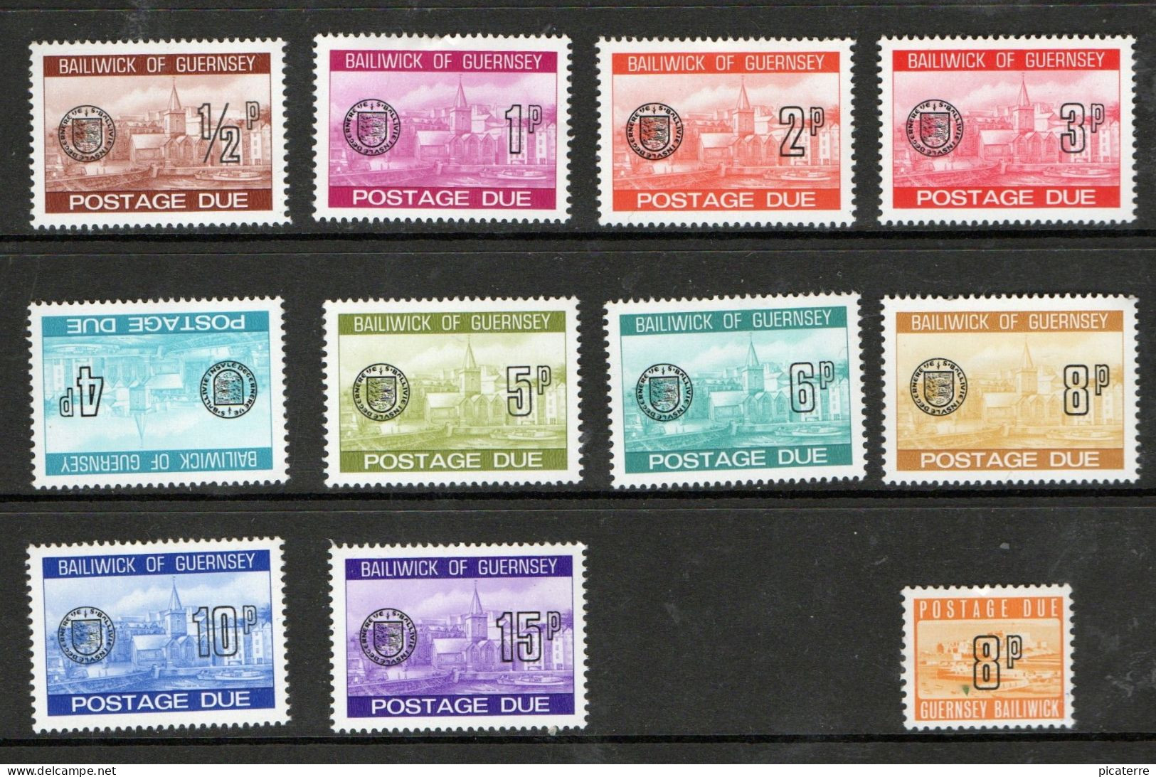 GUERNSEY- Postage Dues- Complete 10V 1977 MNH Set + 1V 1975 New Value Small 8p MNH - Guernsey