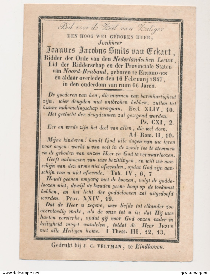 S.BARBARA = ADEL NOBLESSE = JONKHEER JOANNES SMITS Van ECKART - EINDHOVEN ALDAAR OVERL. 1867. 66 JAAR  ZIE AFBEELDINGEN - Décès